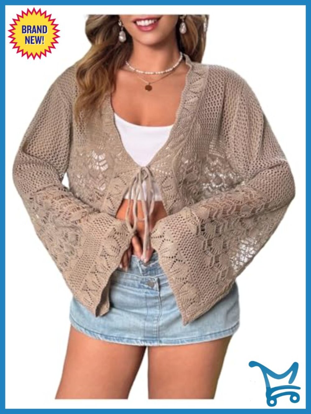 Plus Size Crochet Cardigan Bell Sleeve Tie Front Lightweight Crop Sweater